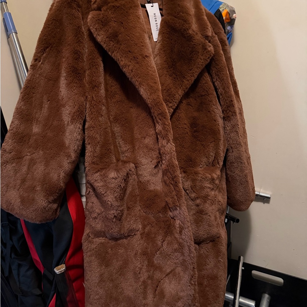Elegant Brown Teddy Jacket  black belt very heavy warm classy style